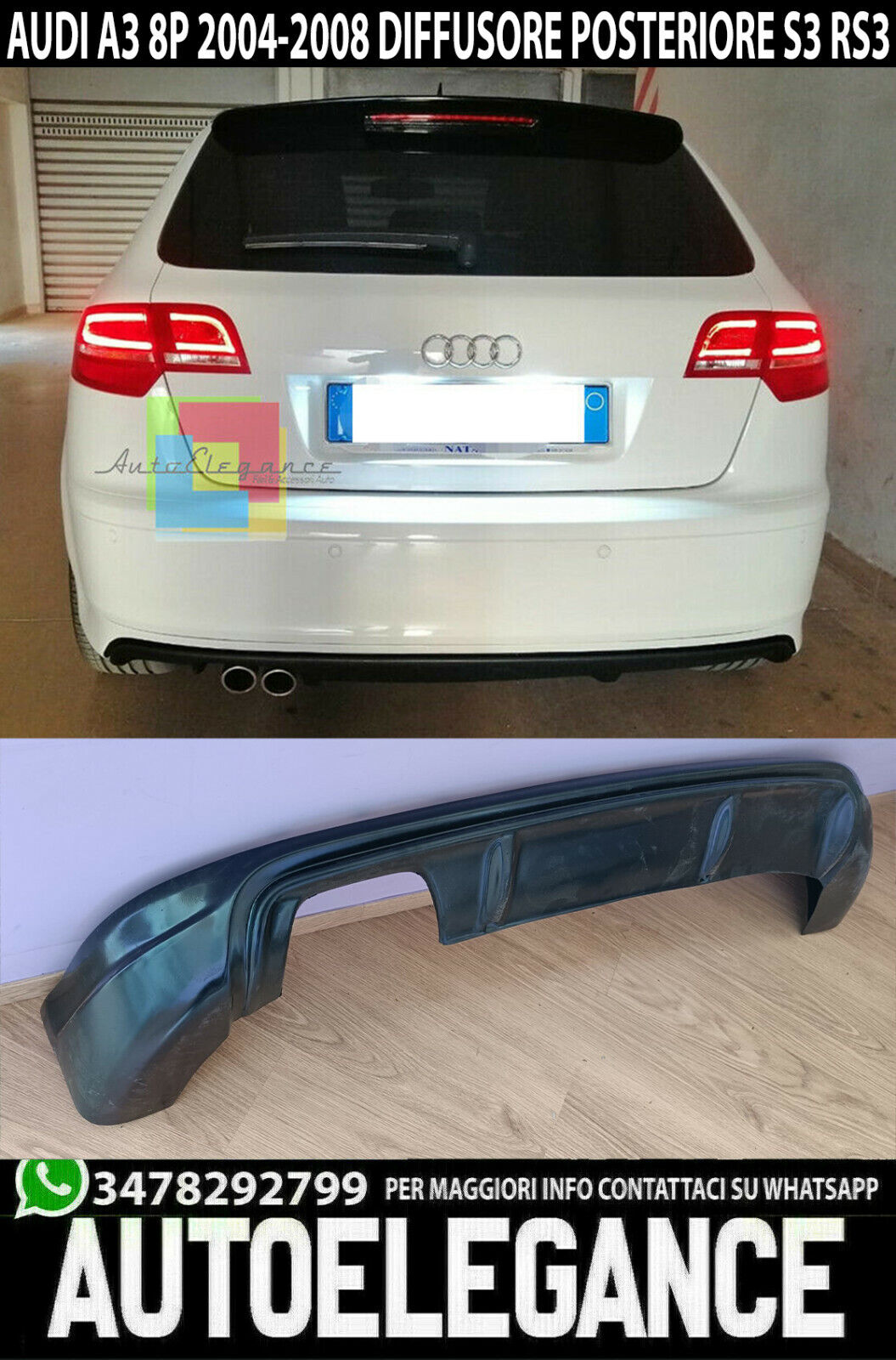 AUTOELEGANCETUNING - AUTOELEGANCETUNING - S3 RS3 LOOK AUDI A3 8P SPORTBACK  2005-2008 DIFFUSORE POSTERIORE SOTTO PARAURTI