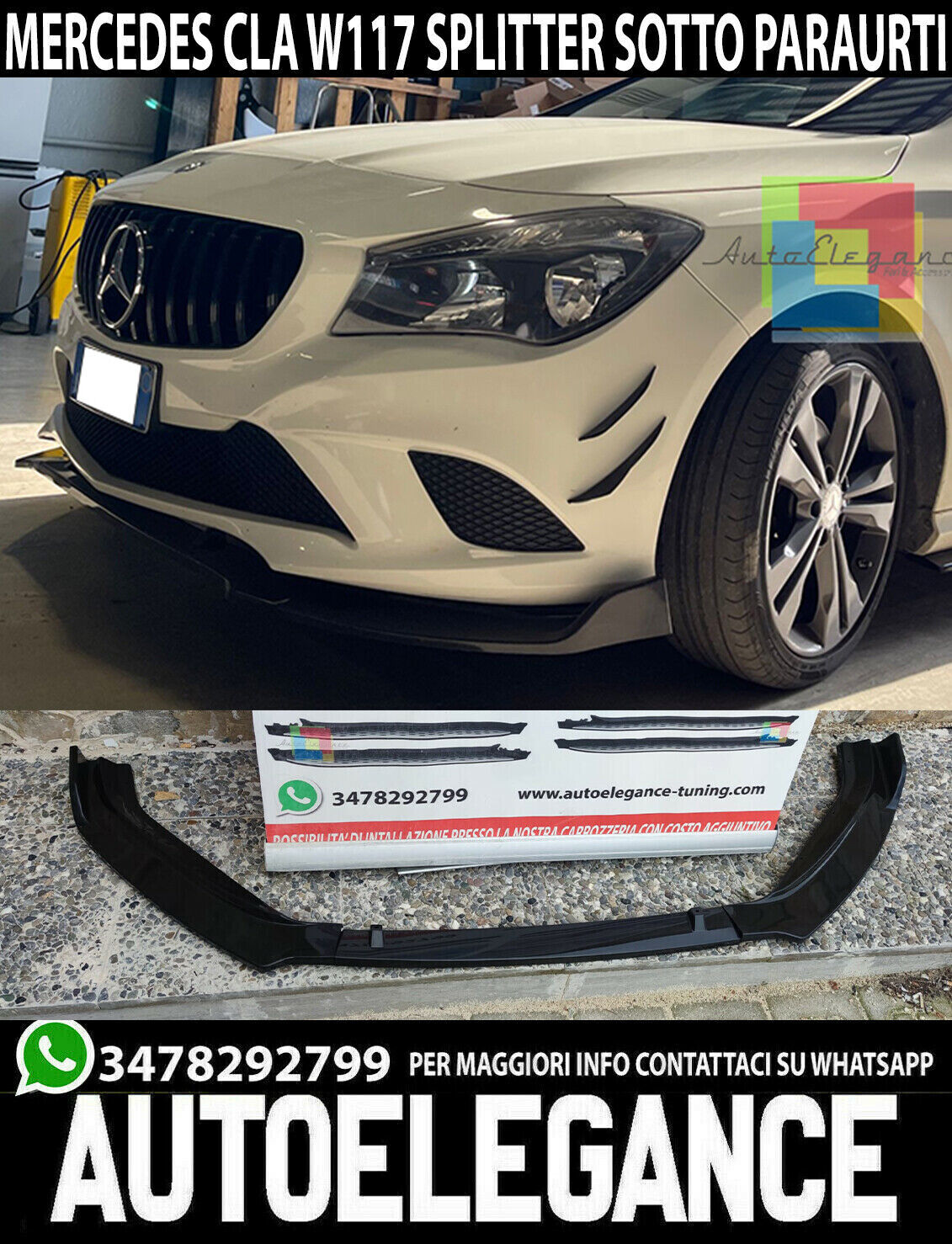 AUTOELEGANCETUNING - AUTOELEGANCETUNING - SOTTO PARAURTI MERCEDES CLA W117  X117 W176 ANTERIORE SPLITTER ABS LAMA NERO