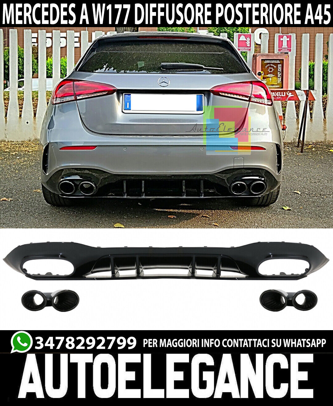 AUTOELEGANCETUNING - AUTOELEGANCETUNING - MERCEDES A W177 2018+ DIFFUSORE  POSTERIORE SOTTO PARAURTI CON TERMINALI NERI