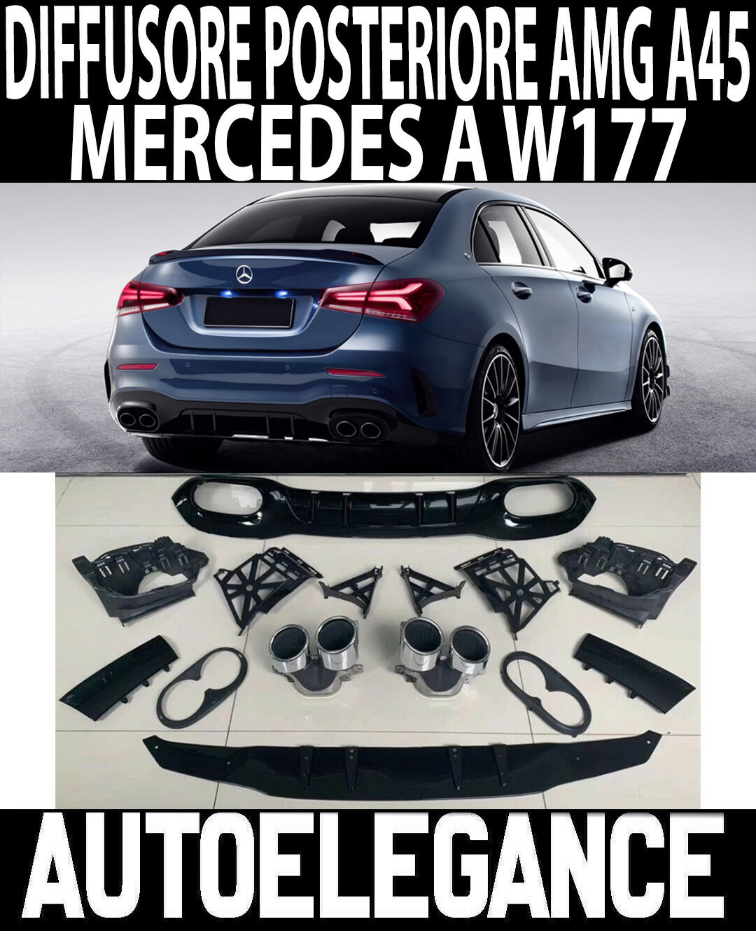 AUTOELEGANCETUNING - AUTOELEGANCETUNING - MERCEDES CLASSE A W177 2018+  DIFFUSORE POSTERIORE CON TERMINALI DI SCARICO LOOK